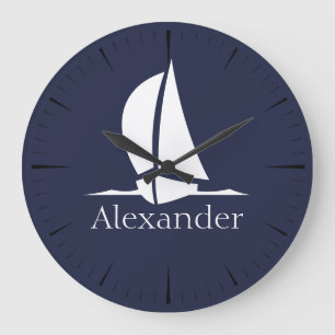 Reloj Redondo Grande Monograma marino azul de la marina náutica blanca