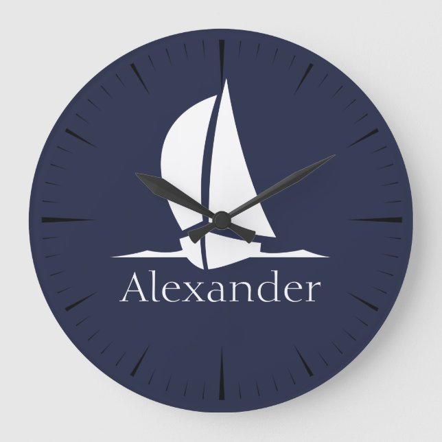 Reloj Redondo Grande Monograma marino azul de la marina náutica blanca (Anverso)