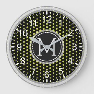 Reloj Redondo Grande Monograma moderno con puntos de polka verde ácido