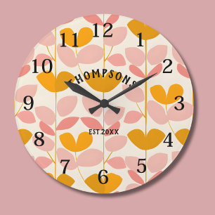 Reloj Redondo Grande Monograma moderno de diseño de hojas rosadas y ama