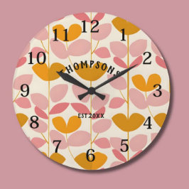 Reloj Redondo Grande Monograma moderno de diseño de hojas rosadas y ama