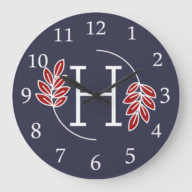 Reloj Redondo Grande Monograma moderno de Laurel Rojo y Blanco (Anverso)