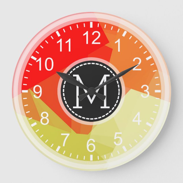 Reloj Redondo Grande Monograma moderno de mosaico Naranja rojo (Anverso)