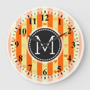 Reloj Redondo Grande Monograma Naranja tiras Patrón cardíaco moderno