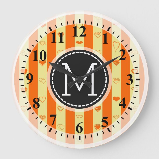 Reloj Redondo Grande Monograma Naranja tiras Patrón cardíaco moderno (Anverso)