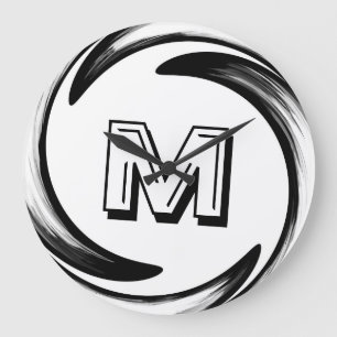 Reloj Redondo Grande Monograma negro abstracto #2 del remolino