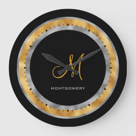 Reloj Redondo Grande Monograma Personalizado de Lámina de Oro Plateado 