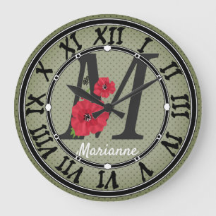 Reloj Redondo Grande Monograma personalizado editable M texto flor roja