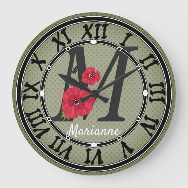 Reloj Redondo Grande Monograma personalizado editable M texto flor roja (Anverso)
