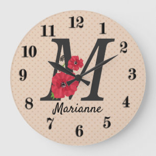 Reloj Redondo Grande Monograma personalizado editable M texto flor roja