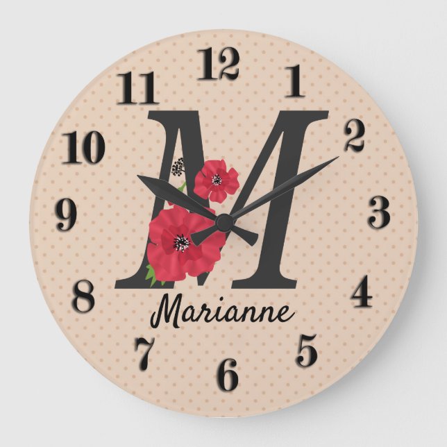 Reloj Redondo Grande Monograma personalizado editable M texto flor roja (Anverso)