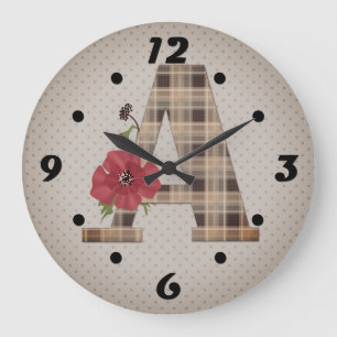 Reloj Redondo Grande Monograma personalizado editable Un texto flor roj