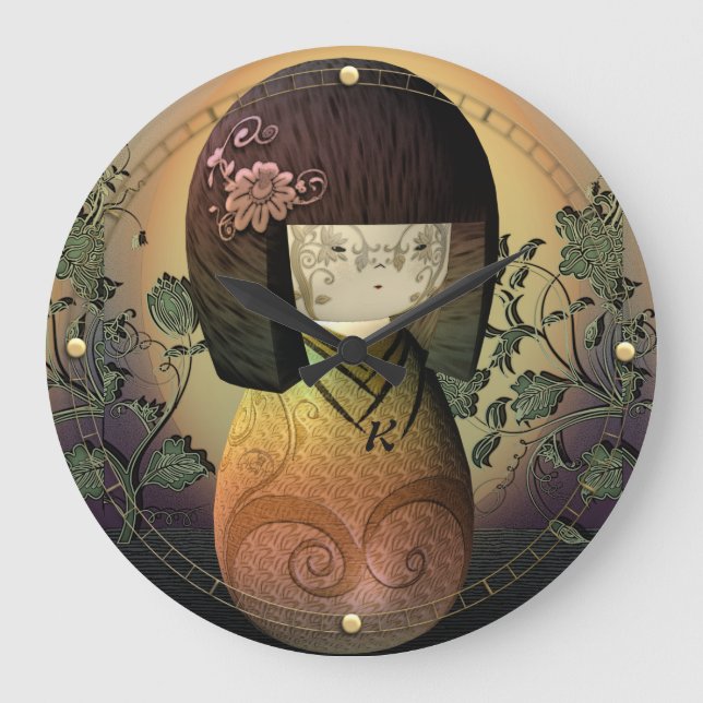 Reloj Redondo Grande Monograma personalizado muñeca dulce de Kokeshi (Anverso)