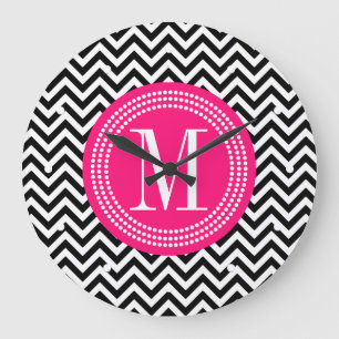 Reloj Redondo Grande Monograma personalizado zigzag negro de Chevron y