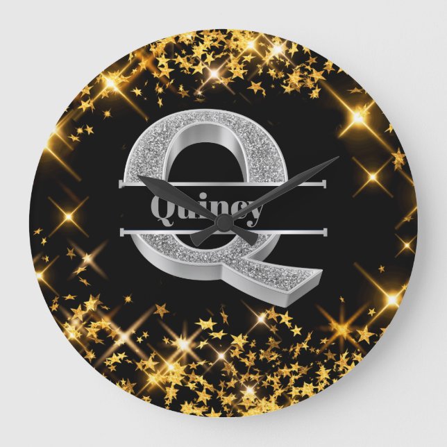 Reloj Redondo Grande Monograma Q inicial plateado personalizado Su nomb (Anverso)