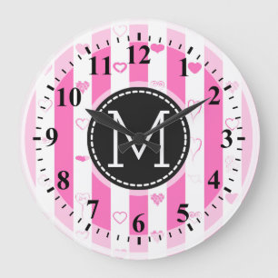 Reloj Redondo Grande Monograma Rayas rosadas Patrón cardíaco moderno