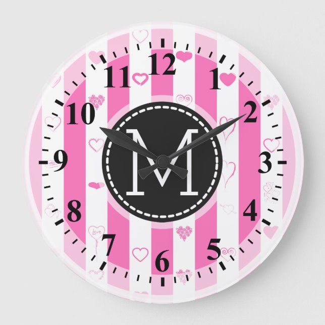 Reloj Redondo Grande Monograma Rayas rosadas Patrón cardíaco moderno (Anverso)