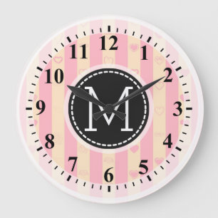 Reloj Redondo Grande Monograma Rayas rosadas Patrón cardíaco moderno
