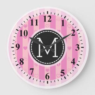Reloj Redondo Grande Monograma Rayas rosadas púrpuras Patrón cardíaco m