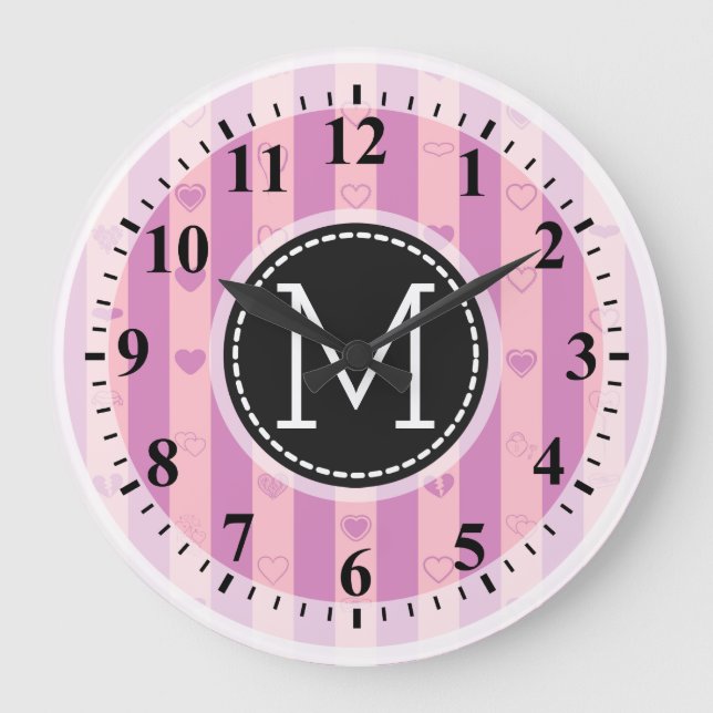 Reloj Redondo Grande Monograma Rayas rosadas púrpuras Patrón cardíaco m (Anverso)
