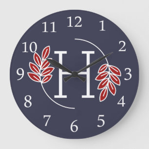 Reloj Redondo Grande Monograma rojo y blanco moderno del laurel