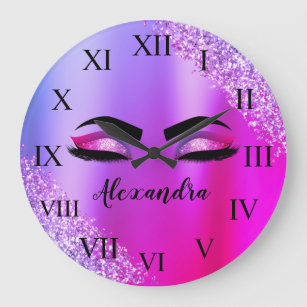 Reloj Redondo Grande Monograma rosa morado Purpurina Eyelashes modernos