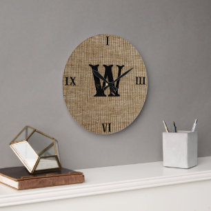Reloj Redondo Grande Monograma rústico Personalizado de granja Nombre d