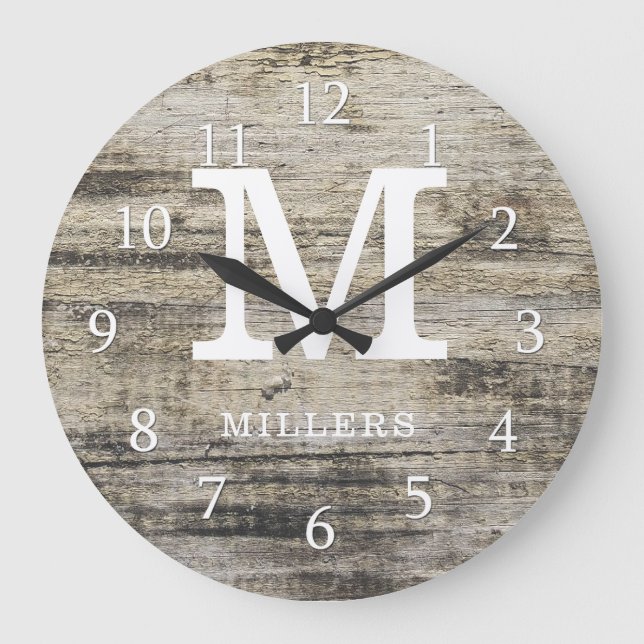 Reloj Redondo Grande Monograma rústico personalizado de la madera de la (Anverso)