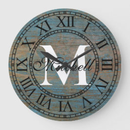 Reloj Redondo Grande Monograma Único de Madera Antigua Deteriorada Vint