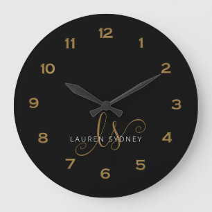 Reloj Redondo Grande Monogramado De Guión Negro Y Oro Moderno