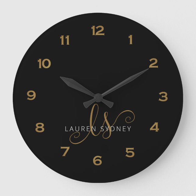 Reloj Redondo Grande Monogramado De Guión Negro Y Oro Moderno (Anverso)