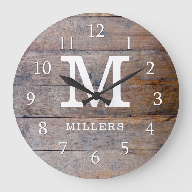 Reloj Redondo Grande Monogramado nombre de familia de madera con proble (Anverso)