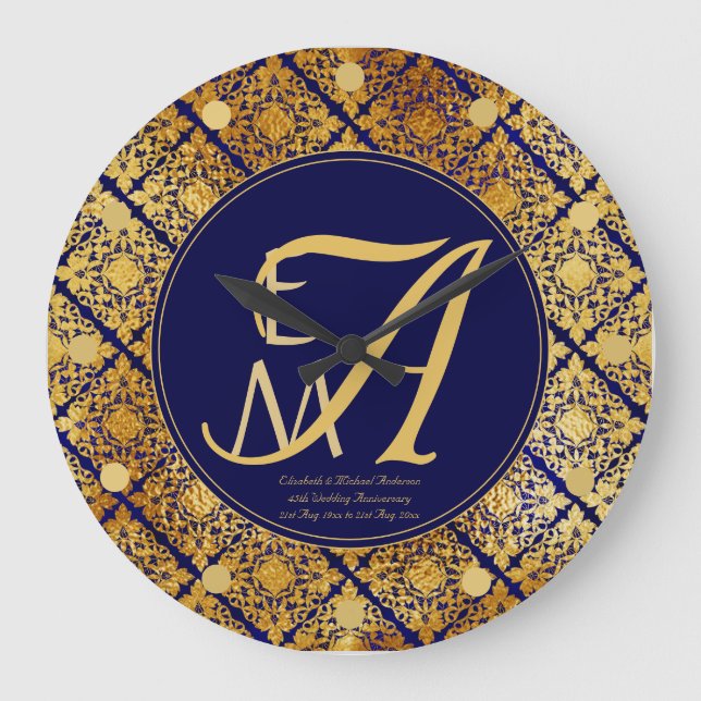 Reloj Redondo Grande Monogramado Oro Azul 45 Aniversario Boda (Anverso)