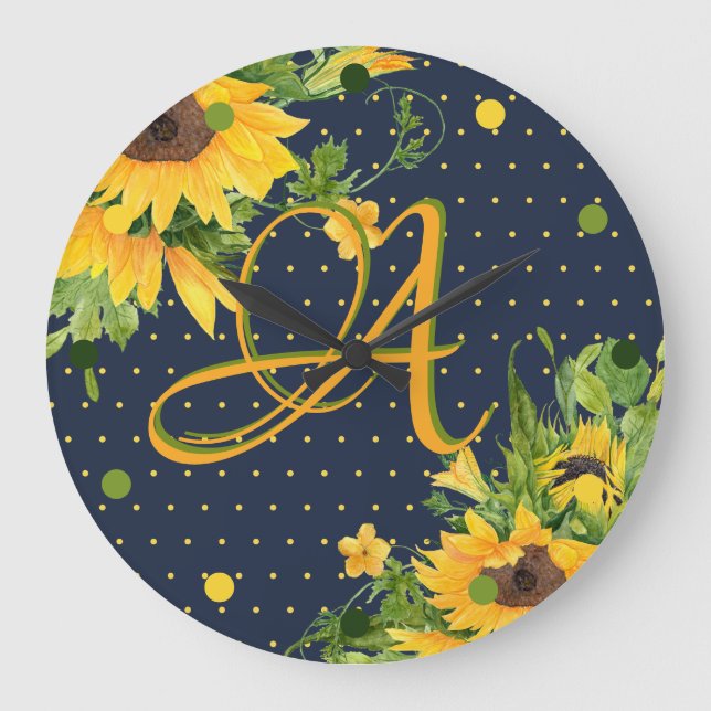 Reloj Redondo Grande Monogramed Sunflowers Navy Blue Yellow Modern (Anverso)