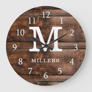 Reloj Redondo Grande Monogramo de la familia Rustic Dark Wood