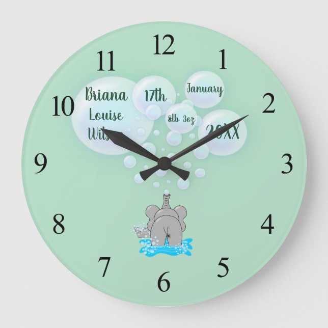 Reloj Redondo Grande Monogramo de un elefante bebé lindo con burbujas (Anverso)