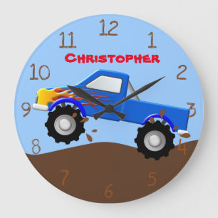 Reloj Redondo Grande Monster truck de las llamas azules