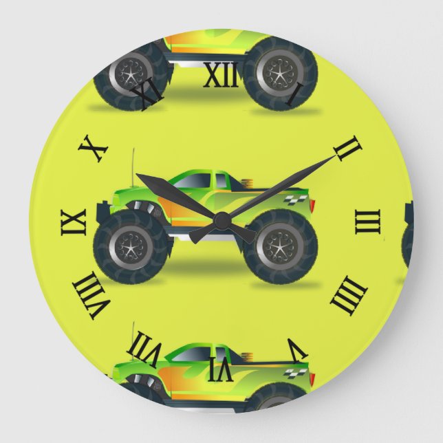 Reloj Redondo Grande Monster truck on lime green (Anverso)