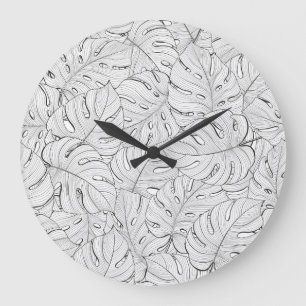 Reloj Redondo Grande Monstera deja el patrón blanco negro