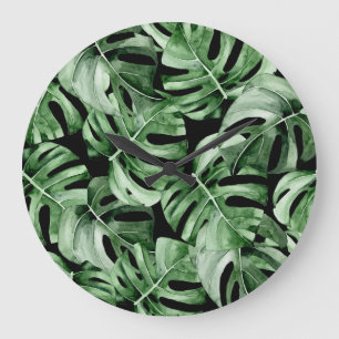 Reloj Redondo Grande Monstera Oscura: Impresión de acuarela tropical.