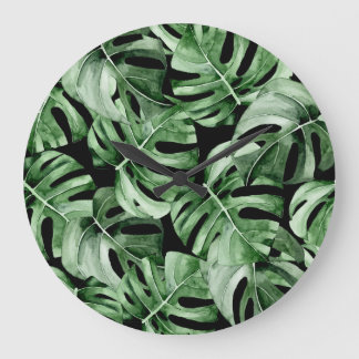 Reloj Redondo Grande Monstera Oscura: Impresión de acuarela tropical.