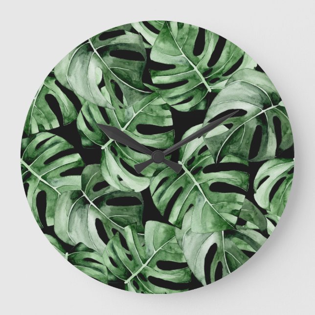 Reloj Redondo Grande Monstera Oscura: Impresión de acuarela tropical. (Anverso)