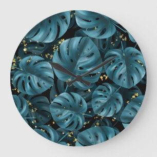 Reloj Redondo Grande Monstera Palm, Golden Splash Seamless.