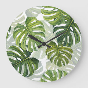 Reloj Redondo Grande Monstera verde acuarela tropical