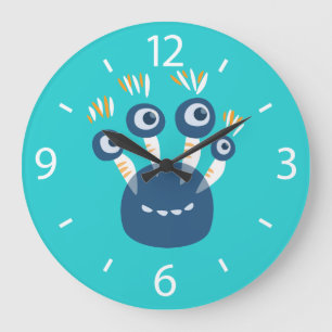 Reloj Redondo Grande Monstruo de Personalizado Azul con cuatro niños oj