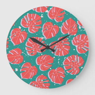 Reloj Redondo Grande Monstruo rojo: patrón tropical verde