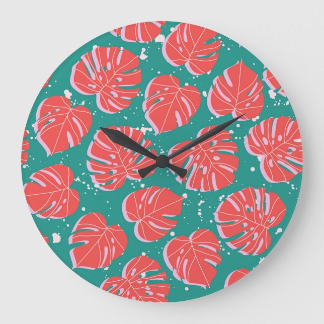 Reloj Redondo Grande Monstruo rojo: patrón tropical verde (Anverso)