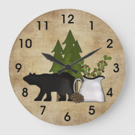 Reloj Redondo Grande Montaña Rustic Country Silhouette Bear and Trees