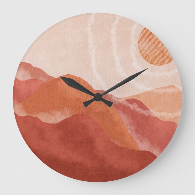 Reloj Redondo Grande Montañas Boho terracota, poster abstracto. (Anverso)