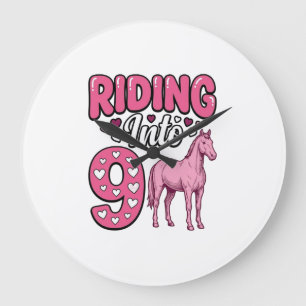 Reloj Redondo Grande Montando en 9 Cumpleaños de caballo Camiseta vinta
